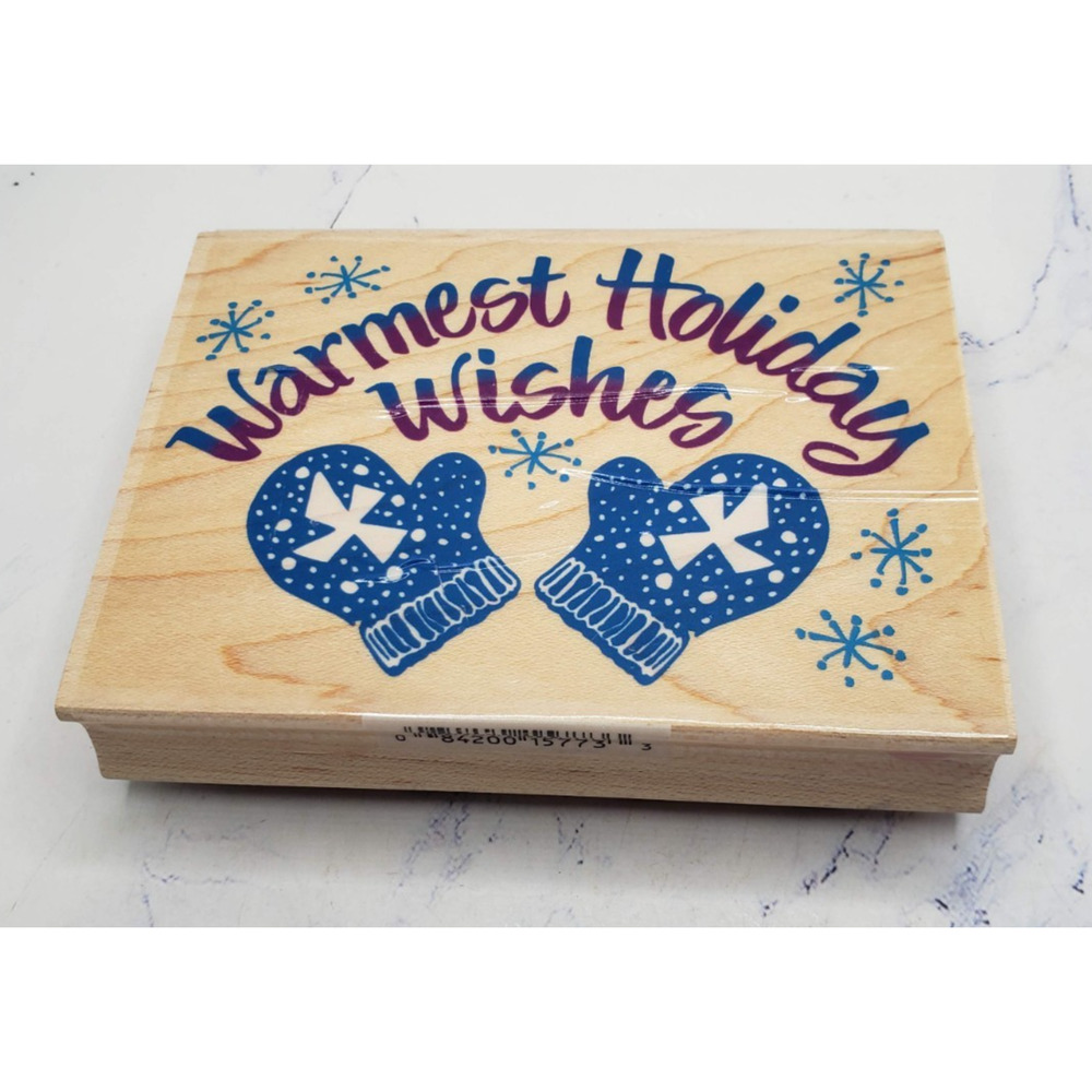 All Night Media Warmest Holiday Wishes Knitted Mittens Wood Mounted Rubber Stamp